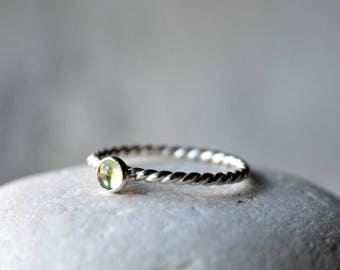 Sterling Silver Peridot Stacking Ring, patterned, rope, stackable 4mm cabochon, Made To Order