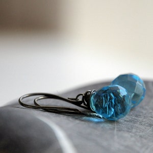 Silver Aqua Earrings Oxidized sterling silver and Czech Glass blue teardrop beads ready to ship image 1