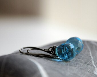 Silver Aqua Earrings - Oxidized sterling silver and Czech Glass blue teardrop beads - ready to ship