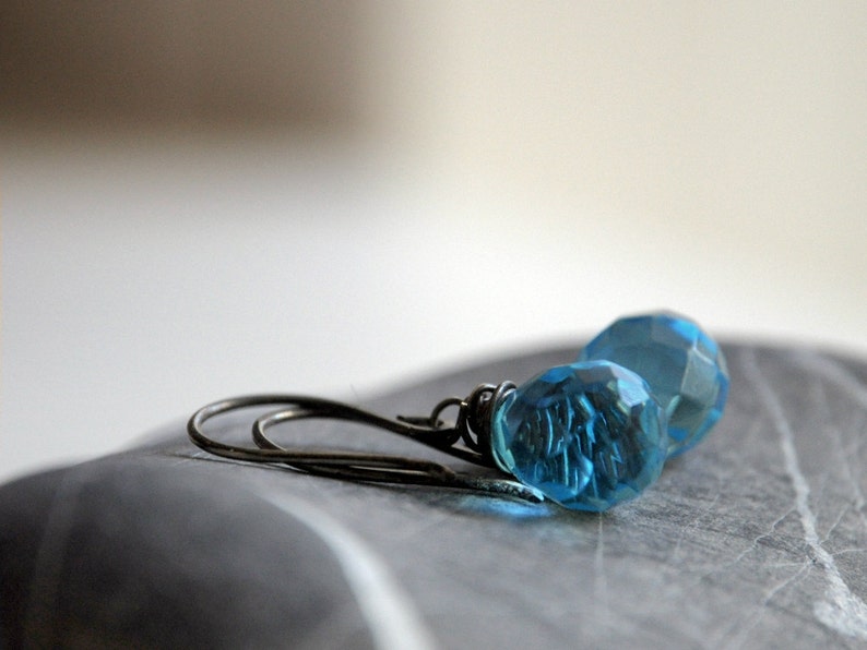 Silver Aqua Earrings Oxidized sterling silver and Czech Glass blue teardrop beads ready to ship image 1