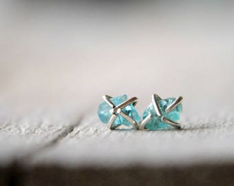 Sterling Silver rough gemstone post earrings, apatite beads, made to order