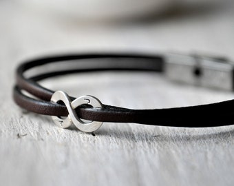 Leather bracelet sterling silver or aluminium and leather with personalised writing, Mens and Unisex, leather anniversary gift