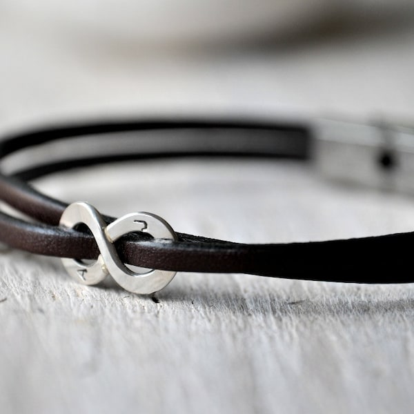 Leather bracelet sterling silver or aluminium and leather with personalised writing, Mens and Unisex, leather anniversary gift