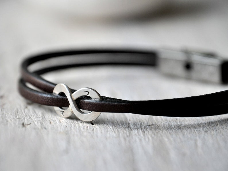 Leather bracelet sterling silver or aluminium and leather with personalised writing, Mens and Unisex, leather anniversary gift image 1