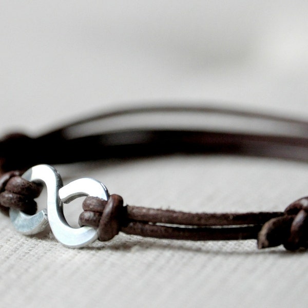 Infinity Armband, Bruin leer en Aluminium, Heren en Unisex armband, Verjaardag en Valentijn cadeau