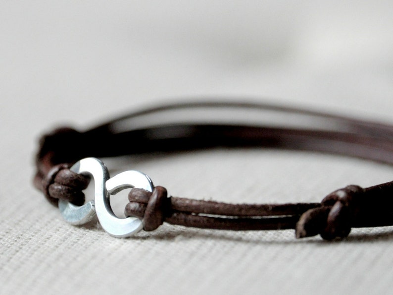 Infinity Bracelet, Brown leather and Aluminium, Men and Unisex bracelet, Anniversary and Valentine gift image 1