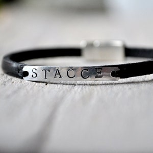 Personalised leather bracelet, aluminium and leather with personalized stamping, Mens and Unisex, leather anniversary gift