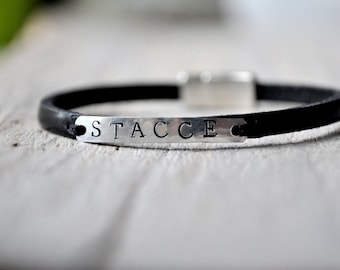 Personalised leather bracelet, aluminium and leather with personalized stamping, Mens and Unisex, leather anniversary gift