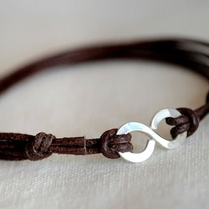 Infinity Bracelet Sterling Silver- Brown leather - Men and Unisex bracelet - made to order