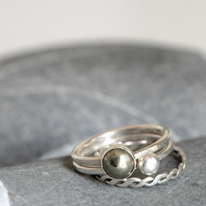 Set of THREE stacking rings sterling silver and pyrite cabochon made to order image 4