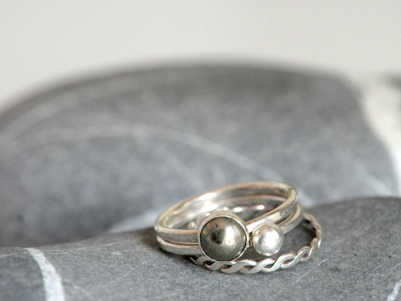 Set of THREE stacking rings sterling silver and pyrite cabochon made to order image 4