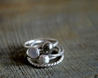 Set of FOUR Stacking Rings - Sterling Silver, Moonstone, Pyrite and rope ring - Made To Order