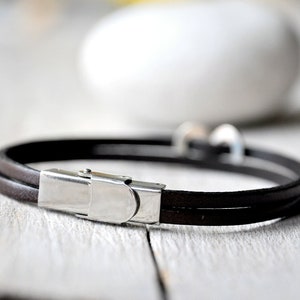 Leather bracelet sterling silver or aluminium and leather with personalised writing, Mens and Unisex, leather anniversary gift image 3