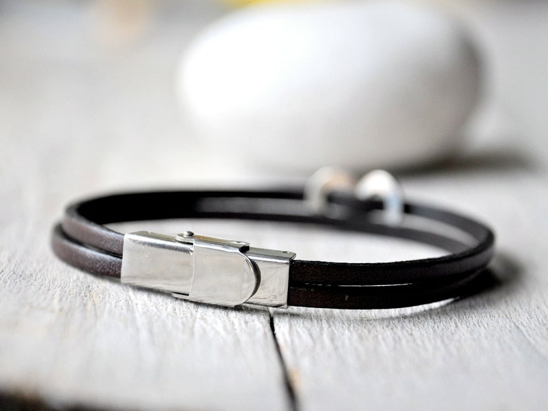 Leather bracelet sterling silver or aluminium and leather with personalised writing, Mens and Unisex, leather anniversary gift image 3