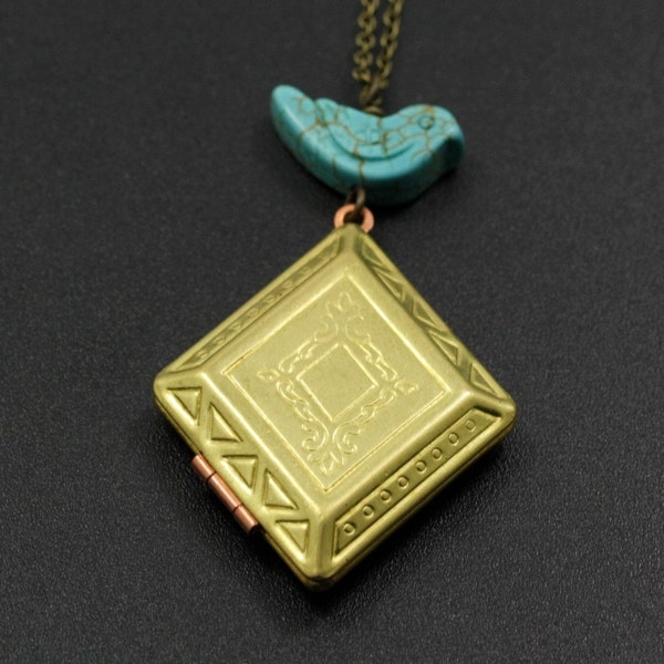 Vintage diamond locket and a Turquoise bird - Long necklace