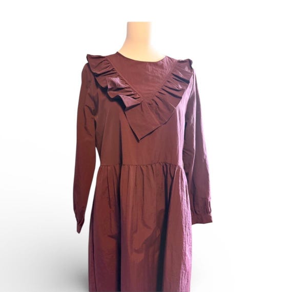 burgundy ruffle midi dress Women's Lenora Straight Across Ruffle Midi Dress XS/S/M/L/XL/Customize Wine Red MEAN BLVD Wine Red / XS