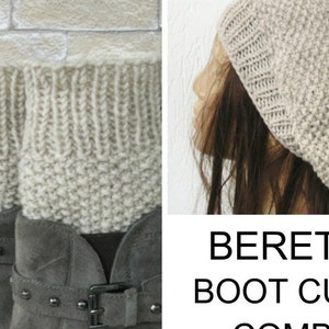 Puede incluir: Un conjunto combinado con boina y puños para botas de punto. La boina es de color beige claro, y los puños para botas se muestran sobre botas grises. El texto "BERET BOOT CUFFS COMBO" se muestra debajo.
