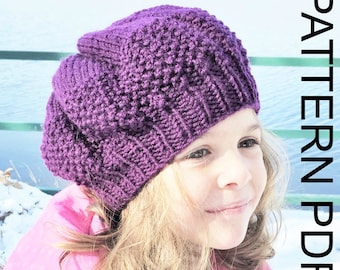 Knitting  pattern hat  for Toddler  Child  Adult sizes  Instant Download   Hat Knitting PATTERN PDF  Seed Stitch Beret  Pattern mom daughter