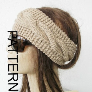 May include: A beige knitted headband with a cable knit pattern. The headband is worn on a mannequin with brown hair.