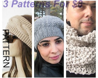 Knitting Pattern 3 PATTERN COLLECTION  Hat  Knitting Pattern  Cowl Knitting  Pattern  Headband Knitting Pattern