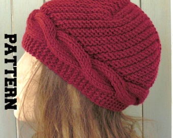 May include: A red knitted hat with a cable knit pattern. The hat is worn on a person's head.
