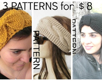 3 Knit Headband Pattern // Headband KNITTING PATTERN //  Headband with Bow Pattern // Turban Headband Pattern Instant Download PDF Digital