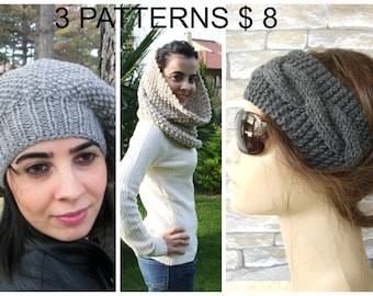 Knitting pattern Hat Cowl Pattern - Headband Pattern diy gift 3 PATTERN COLLECTION  -  PDF Knitting Pattern - DiY  Instant Download pattern