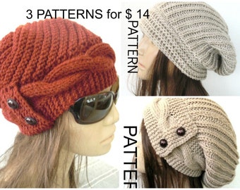 Hat KNITTING PATTERN  3 Hat Pattern for women Cloche Hat    Slouchy Beanie Knit Pdf Pattern   Knitting Tutorial  Knitting Fashion Pattern