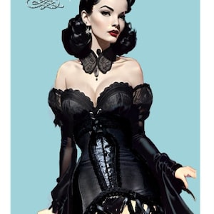 May include: A woman with dark hair and red lipstick wears a black lace corset and a black dress with a lace overlay. The text "Dark Ladies Wear" is in the top left corner of the image.