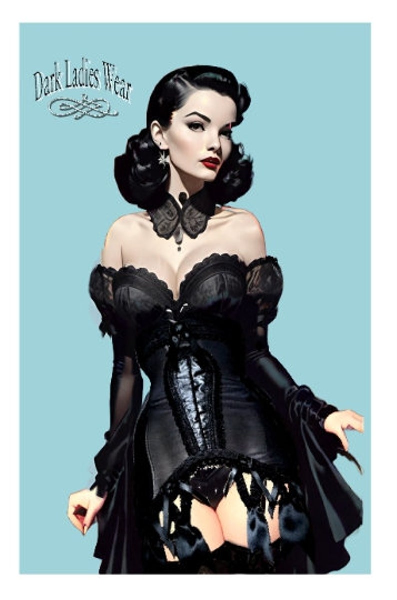 May include: A woman with dark hair and red lipstick wears a black lace corset and a black dress with a lace overlay. The text "Dark Ladies Wear" is in the top left corner of the image.