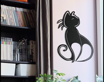 Black Cat Metal Wall Art: Modern Line Feline Decor