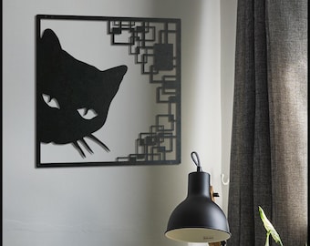 Black Cat Metal Wall Art: Modern Line Decor, Feline Gift