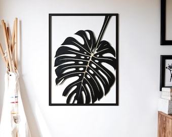 Black Metal Monstera Leaf Wall Art: Modern Botanical Decor, Framed Tropical Plant Design