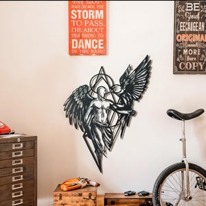 Angel and Raven Metal Wall Art – Mythical Masculine Silhouette with Wings – Modern Gothic Wall Sculpture for Home or Tattoo Studio
