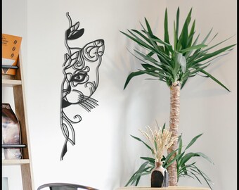 Black Metal Cat Wall Art: Modern Line Art Feline Decor