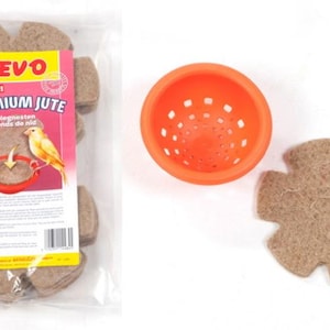 May include: A pack of 10 brown jute nesting bowl liners for bird cages. The pack includes the Bevo Premium Jute logo and text. The image also shows an orange plastic nesting bowl and a single brown jute liner.