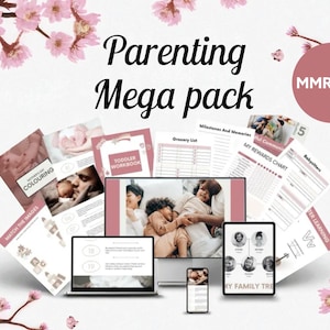 May include: A digital parenting pack with a variety of resources, such as a toddler workbook, reward charts, and family tree templates. The image shows a laptop, tablet, smartphone, and printed documents in a soft pink and white palette. The text "Parenting Mega pack" is displayed.