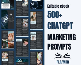 PLR/MRR 500+ AI Marketing Prompts eBook, ChatGPT Prompts for Business, Editable Canva Template
