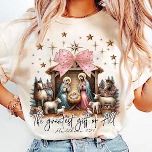 Greatest Gift of All Christmas Nativity Bow PNG, Hand-Drawn Manger Scene with Coquette Style, Sublimation Design for Festive Decor