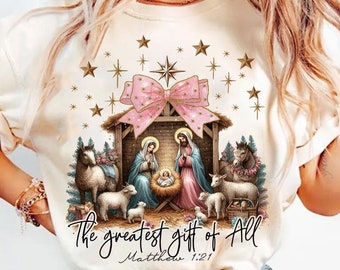 Greatest Gift of All Christmas Nativity Bow PNG, Hand-Drawn Manger Scene with Coquette Style, Sublimation Design for Festive Decor