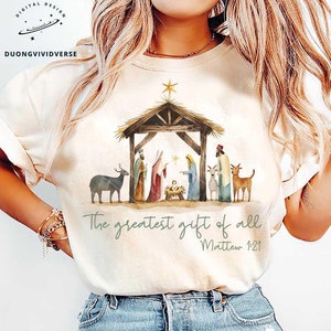 Greatest Gift of All Christmas, Nativity Bow PNG, Hand-Drawn Manger Scene with Coquette Style, Mattew 1:21, Christmas Bow