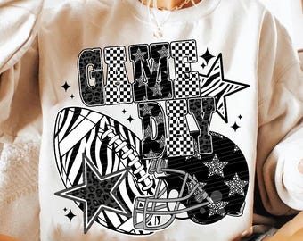 Game Day PNG, Retro Football Shirt Design, Black and White Checkered Star Clipart, Vintage Sports Sublimation, Digital Graphic for Fans