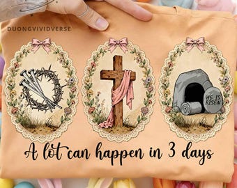 A Lot Can Happen in 3 Days PNG, Vintage Easter Christian Cross Design, He Is Risen Floral Cottagecore Oval Lace Bible, Coquette Homestead