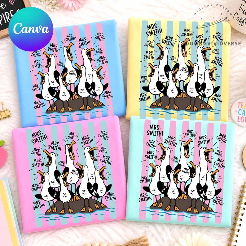 May include: Four square notebooks featuring a cartoon of geese shouting "Mrs. Smith!" on blue, yellow, pink, and teal backgrounds. Each notebook has a different pastel color scheme with vertical stripes.