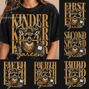 May include: A black t-shirt featuring a graphic of a deer wearing a camouflage baseball cap and sunglasses, holding a yellow pencil in its mouth. The design includes a notebook, a glue bottle, and the text Kinder, First, Second, Third, Fourth, Fifth.
