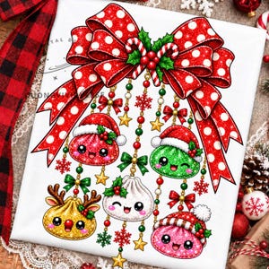 May include: A white fabric surface featuring a large red and white polka dot bow at the top, adorned with holly and candy canes. Below, five colourful, smiling dumpling-like characters wear Santa hats or reindeer antlers, suspended by chains with stars, snowflakes, and small bows.