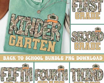 Back To School Grade Bundle PNG, Kindergarten Through Sixth Grade Camo School Designs, First Day Of School Teacher and Student Shirt PNG