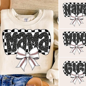 Geruite Sport Mama Coquette SVG-bundel, Leopard Game Day SVG, honkbal SVG, Nana, Gigi, Mimi png, ontwerp honkbalstrik coquette