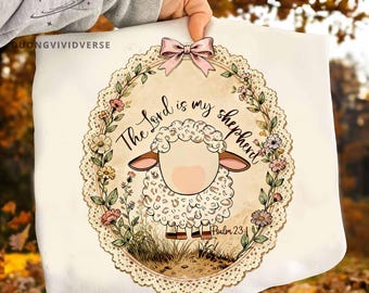 The Lord Is My Shepherd PNG, Vintage Easter Christian Cross Design, Floral Lamb Cottagecore Art, Coquette Oval Lace Bible Homestead Mama