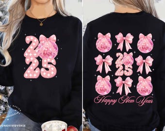 Pink Happy New Year 2025 Png, Coquette Disco Ball New Year's PNG, Pink Coquette Bow, Trending Disco Ball, Girly Pink Bow Sublimination